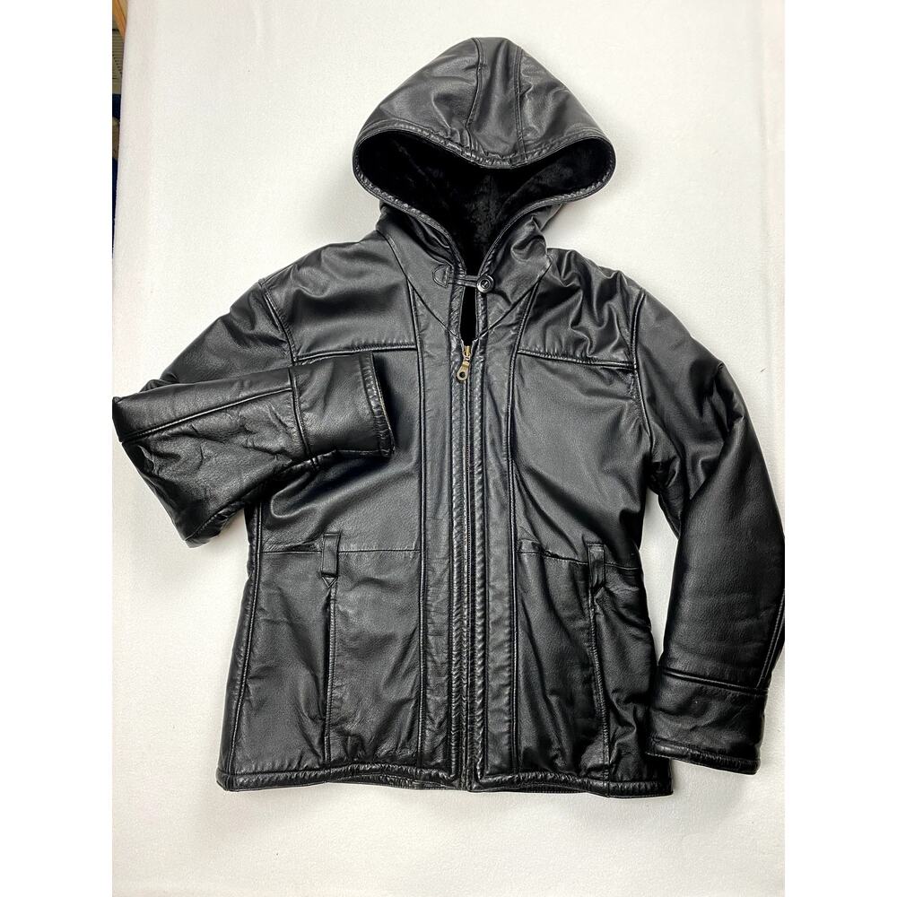 Wilsons Genuine Leather Hooded Jacket Women M Black Faux Fur Trim Full Zip Coat